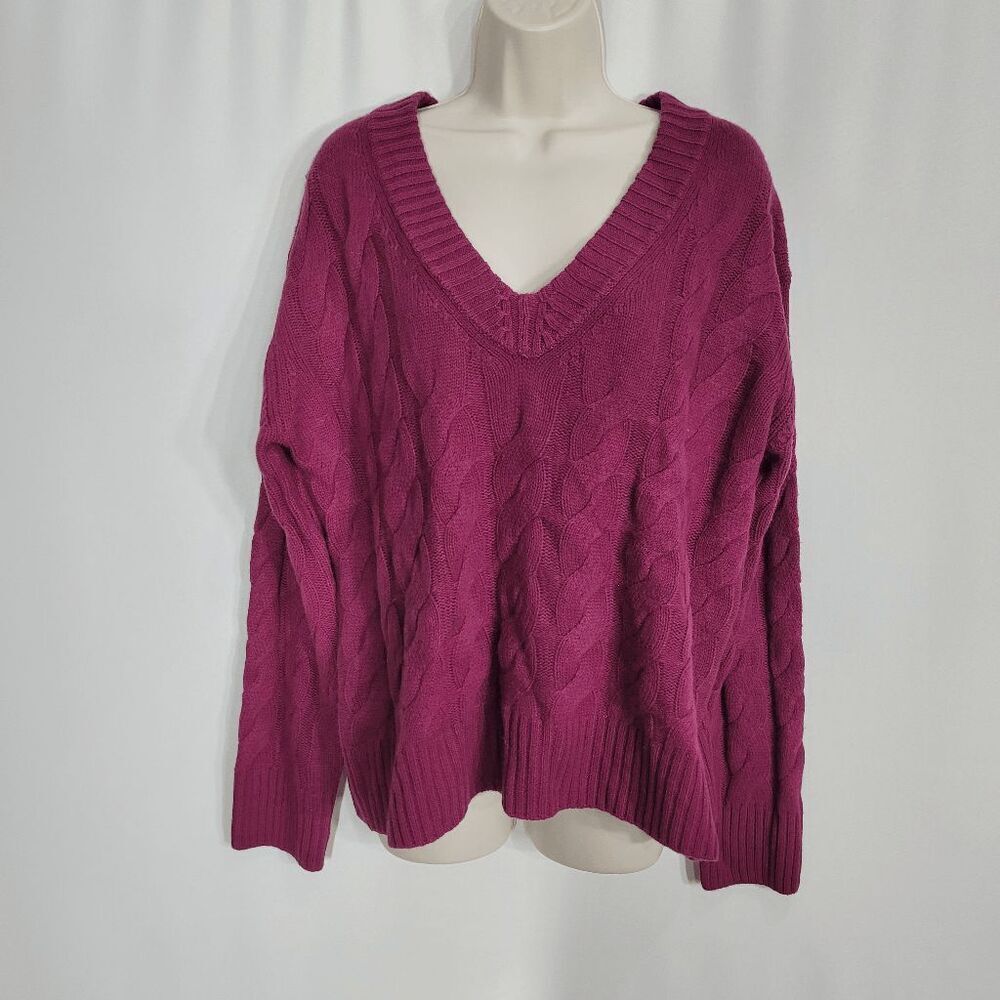 Harper Lane Raspberry Pink V-neck Cable Knit Wool Blend Sweater Medium